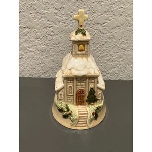 Vintage Enesco Ceramic Christmas Church Shaped Bell Steeple Cross Holly 5" Used